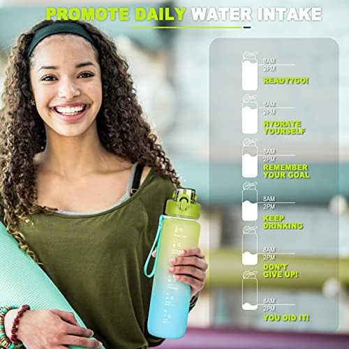 AOHAN Sports Water Bottle 1l, Drinks Bottle with Bottle Brush and Filter, Motivational Water Bottle with Time Markings, Plastic Water Bottles Leakproof for Gym/Running/Cycling/School/Office