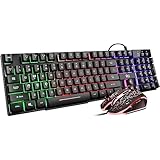 Rii ゲーミングキーボードとマウスセット マルチカラーレインボーLEDバックライトマルチメディア PCゲームキーボード オフィスキーボード カラフル 呼吸バックライト ゲームマウス 仕事やプライマーゲーム、オフィスデバイス用