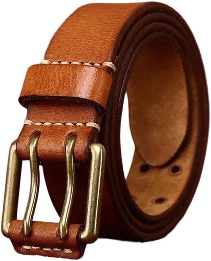 Men's Vintage Leather Belt - 3.8 cm Wide Cowhide with Copper Double Needle Buckle