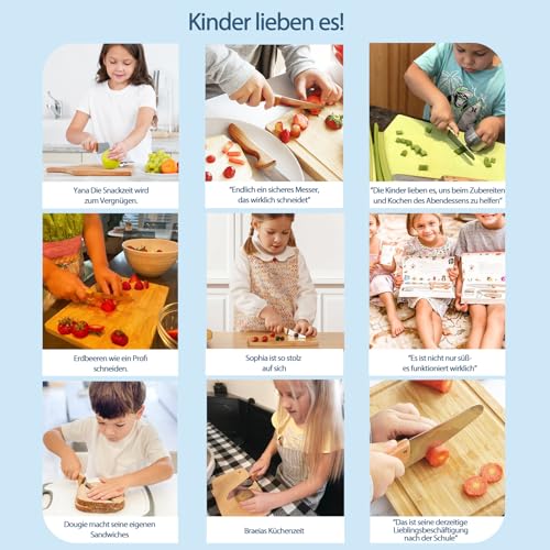 Kibbidea 4-teiliges Kindermesser Set, Sicherheit, Edelstahlklinge, Wellenschliff, Holzgriff, Kinder Küchenmesser zum Schneiden von Obst oder Gemüse, Kinder Messer ab 3 jahre