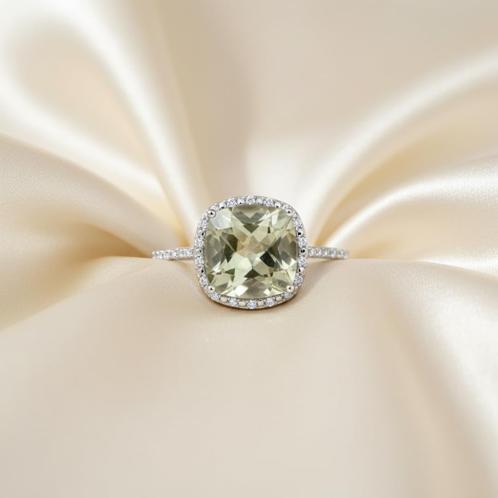 Jewelili Sterling Silver Cushion Halo Cocktail Ring for Women | Green Amethyst or Purple Amethyst & 1/10 CTTW Natural White Round Diamonds | Luxury Jewelry Gift for Her | Gift Box Included