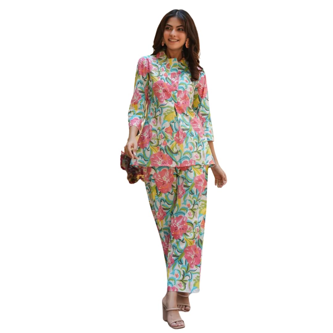 Dennis Lingo Women's Sea Green Printed Straight Cotton Blend Shirt Collar Co-ord Set (SD680_KB_(4) in green