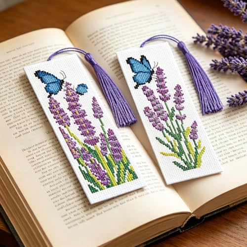 Image of ACRNIGHEET 6PCS Cross Stitch Bookmark Kit for Beginner Stamped Cross Stitch Kits for Adults Lavender DIY Tassel Embroidery Bookmark Kits Needlepoint Kit with Instructions Craft Gift 8.5''x3'' 11CT