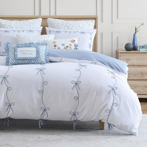Peri Home Bow Bedding Duvet Cover Cottage Core Vintage Country 100% Cotton 3-Piece Set, King, Blue Sasha Bows
