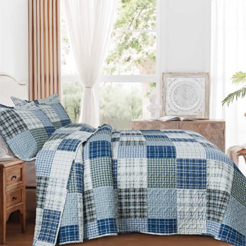 Vaputar Queen Size Quilt Bedding Set - 3 Pieces Quilt Queen Size, Plaid Queen Quilt Bedding Set, All-Season Lightweight Reversible Coverlet, Queen Bedspread For Farmhouse Bedroom (Blue/White) #TOP1