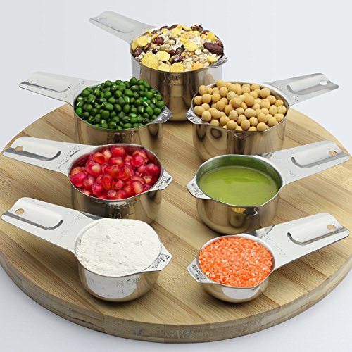 Measuring Cups Set of 7 with 1/8 Cup Coffee Scoop, 1Easylife Stainless Steel Metal Measuring Cup, 7 Piece Stackable Set with Spout