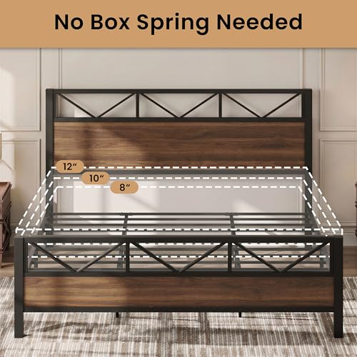 Image of LIKIMIO King Bed Frame, Tall Industrial Headboard 51.2 inch, Platform Bed Frame with Strong Metal Support, Solid and Stable, Noise Free, No Box Spring Needed, Easy Assembly, Walnut
