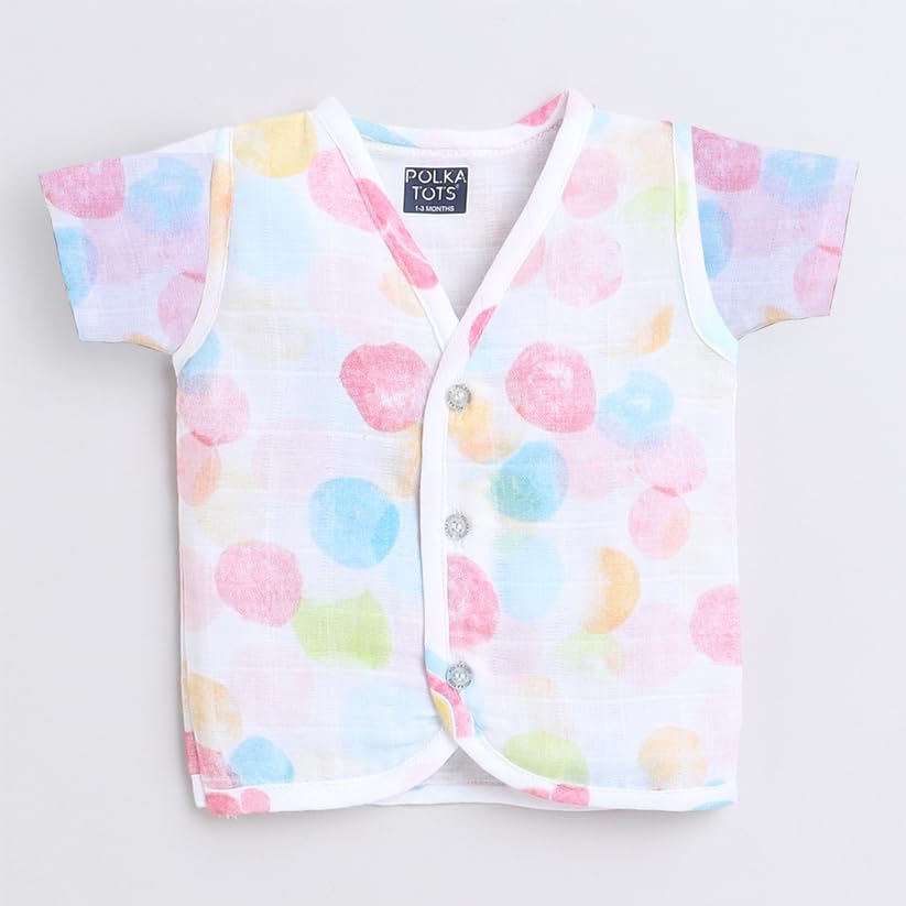 Image of Polka Tots Baby Boys & Girls Cotton Muslin Jabla Vest - Half Sleeve, Front Open, Soft & Breathable Daily Wear, Pack of 3 (Newborn)