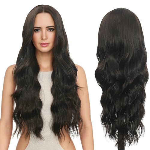 FUTAI RYHAIR 30 inches Long Wavy HD Lace Front Wig with Dark Brown Synthetic Hair for Women Daily Cosplay Halloween