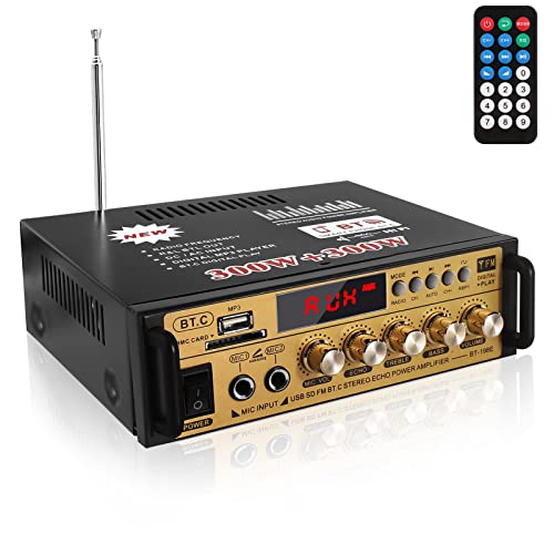 Etlephe Mini amplificador HIFI Bluetooth 5.0 estéreo Audio 12V 220V 600W 2 Canales Pantalla LCD Alta Fidelidad Radio FM portátil Entrada de tarjeta SD / USB para casa o coche