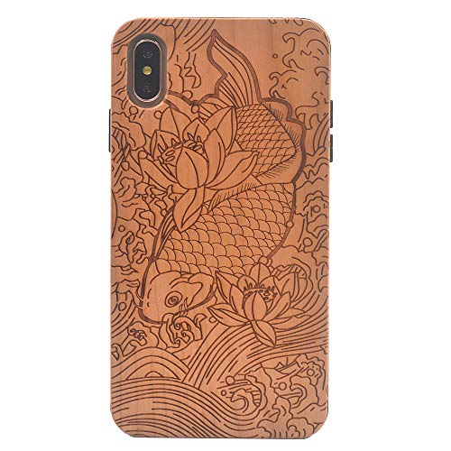 iPhone Xs Max Wooden Case, Floral Koi Fish Carving Real Wood Premium Protective