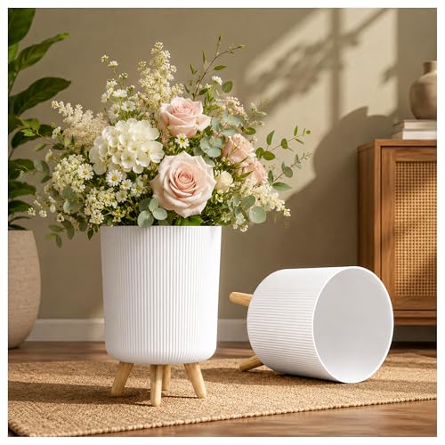 Image of Eightiz Store Modern White Flower Pot with Plastic Legs | Indoor Outdoor Planter for Home Garden Balcony Decor Ribbed Design Sturdy Plastic Mid-Century Style (White, Pack of 1)