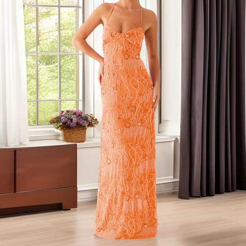 Sequin Sparkly Maxi Dress for Women Y2k Floral Embroidery Beaded Long Cami Dress Glitter Bodycon Halloween Clubwear4