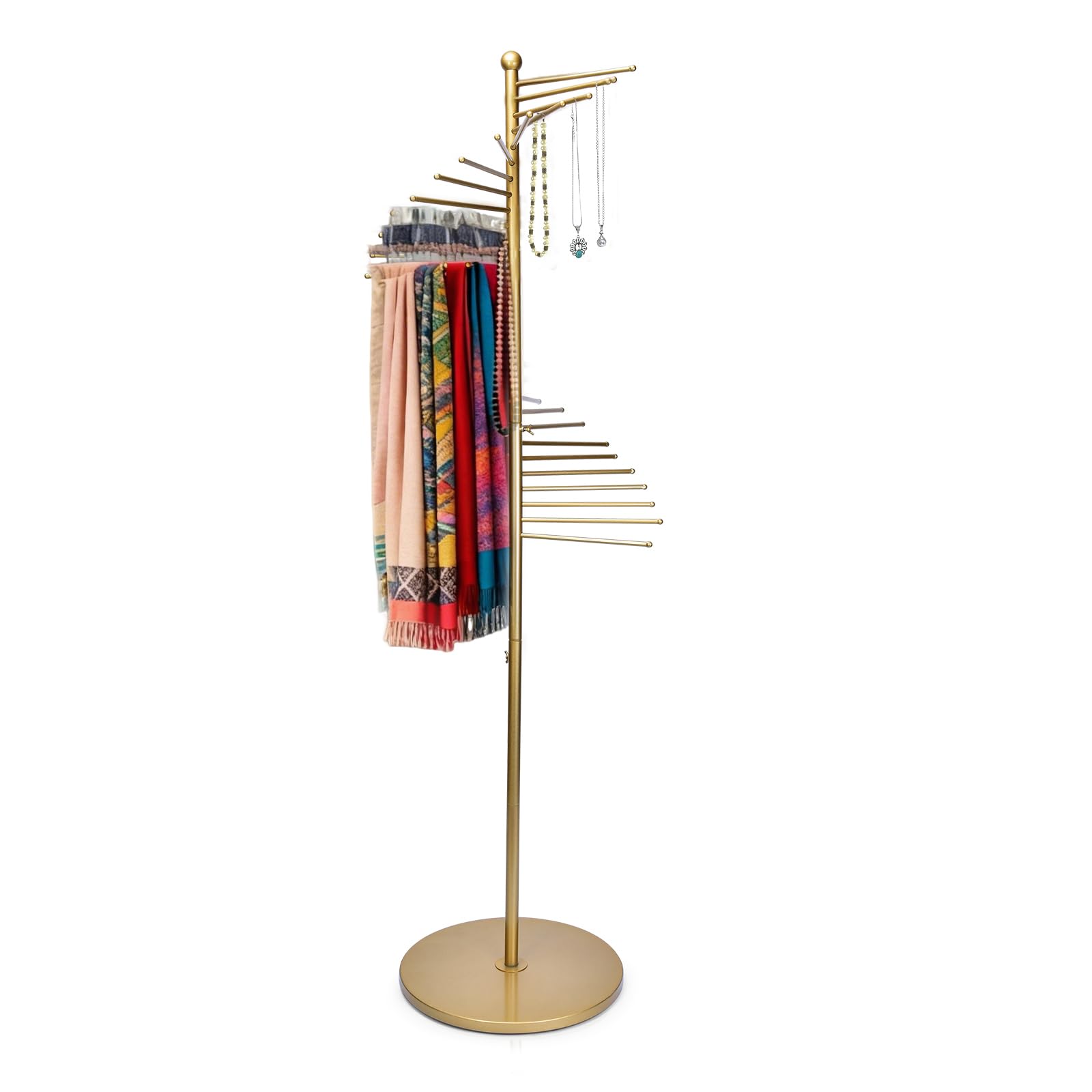 Schalhalter für Schals Krawatten, 150/170 cm Höhe Einstellbar, Schalaufhänger Freistehend mit 22 Kleiderstangen,Metall Spiralschalhalter Hängeorganizer für Schals Krawatten Gürtel (Gold)