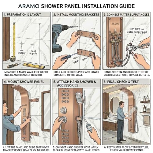 Image of ARAMO Shower Panel - Wave with Waterfall Shower, Massage Jet, 5 Water Functions (Rose Gold)