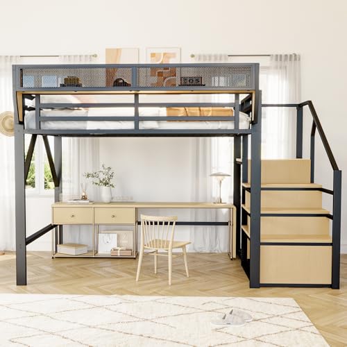 NNJN Letto a soppalco con scala di sicurezza e vano portaoggetti flessibile, in metallo, per adulti, letto a castello per bambini (140 x 200 cm tipo 2)