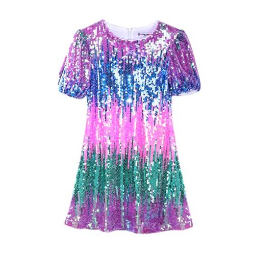 Image of WELAKEN Girls Ombre Sequin Dress Sparkly Fancy Short Puff Sleeves Gradient Party Dress
