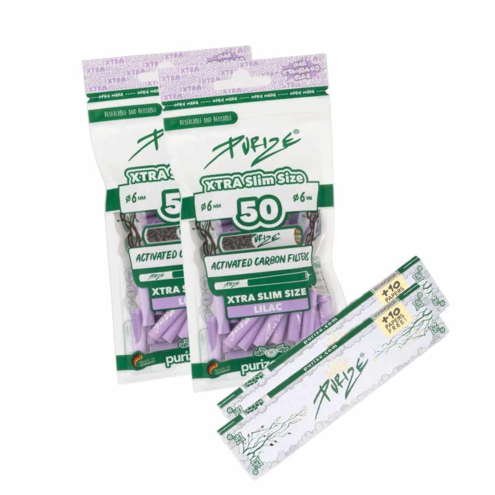 PURIZE Xtra Slim Size Lot de 100 filtres à charbon actif 6 mm et 2 feuilles PURIZE Papers (lilas)