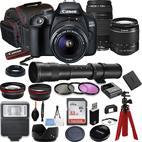 Canon EOS 4000D (Rebel T100) DSLR Camera Bundle with Canon EF-S 18-55mm f/3.5-5.6 Lens + Canon EF 75-300mm III Lens & 420-800mm Telephoto Zoom Lens + SanDisk 32GB Memory Cards + Photography Kit