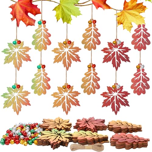 DKINY 30 Stück Ahornblatt Anhänger Holz, Herbstblätter Deko mit Glocke und Handseil, Herbst Blatt Holzanhänger, Ahornblätter Holzhänger, Herbst Hängende Deko für Fenster Tür Herbstzeit Thanksgiving