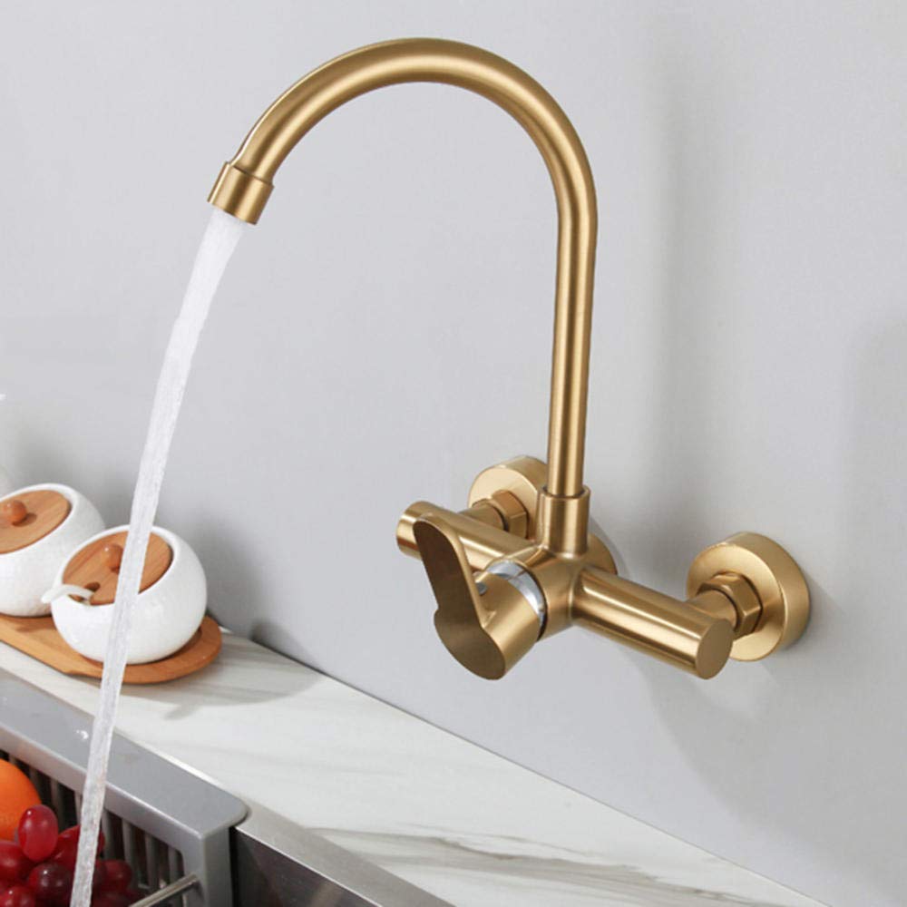 Rubinetti da Cucina con Montaggio a Parete, Montaggio a Parete, Acciaio Inossidabile 304, Acqua Calda Spazzolata Oro, Girevole, lavello Balcone Lavanderia Piscina-Golden Big Bend