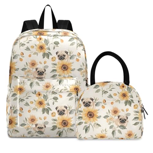 Floral Pug Print Backpack Set with Lunch Bag, Large Capacity Travel Backpacks and Lunch Box Insulated for Commute Hiking Picnic