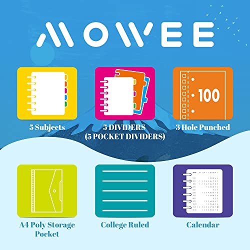 Mowee Spiral Notebook - 5 Subject Notebook, College Ruled Notebook With Dividers Pocket, Tabs Label, 11" Ruler, 200 Pages, For Writing Journal, Home & Office, School Supplies, 8.5''X11''Black #TOP6
