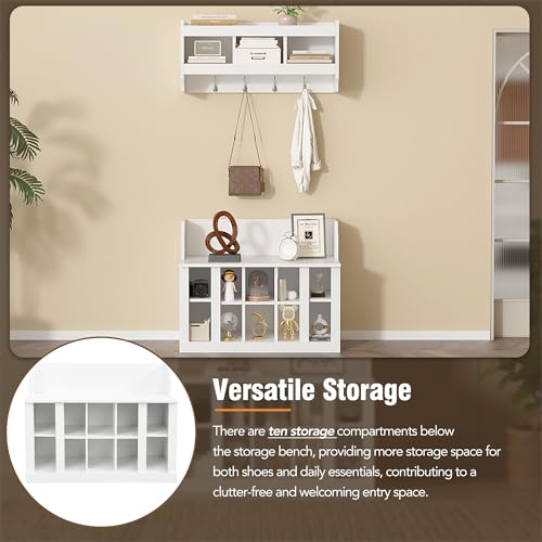 Image of Shoe Storage Bench with Shelves and 4 Hooks, Entryway Hall Tree with Shoe Cabinet with Coat Rack