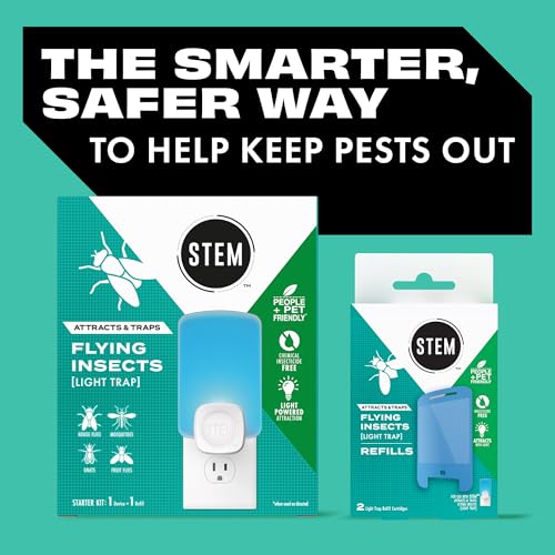 Image of STEM Insect Trap - Indoor Fruit Fly & Gnat Pest Control for House, Home and Kitchen, Attracts & Traps Flying Bugs, Soft Blue Light - Includes 1 Plug-in Device & 3 Cartridges
