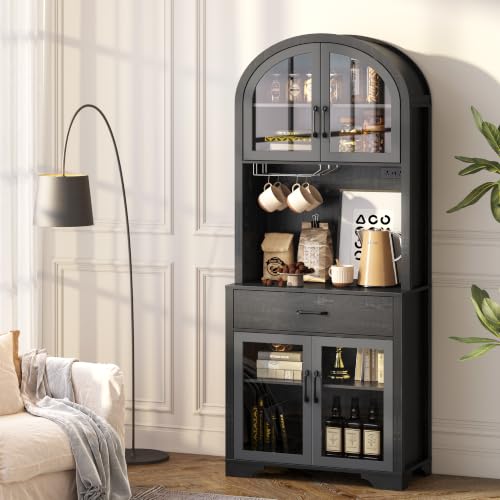 Image of 75 inch Arched Kitchen Pantry Cabinet with Charging Station & LED Light, Tall Coffee Bar Liquor Cabinet Modern Kitchen Hutch with Microwave Stand & Adjustable Shelf for Dining Room