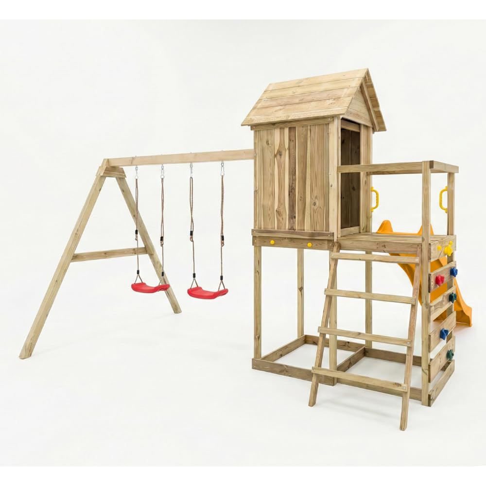 Casetta Rialzata in Legno per Bambini Maxplay 5 con Scivolo 2,2 m, Doppia Altalena e Parete Arrampicata – Parco Giochi da Giardino con Torre e Sabbiera, 368x370x262 cm, Legno Impregnato Autoclave