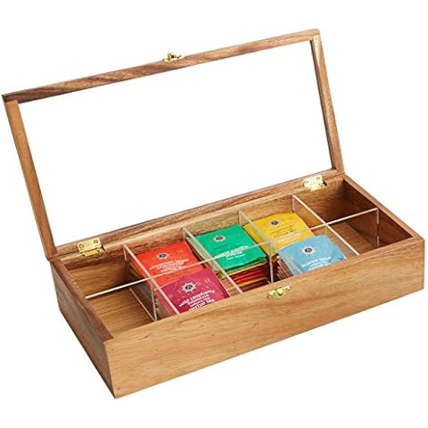Woodard & Charles Acacia Wood Compartment Tea Box with Window, Storage and Organizer… (10 Compartment Tea Box) Cover