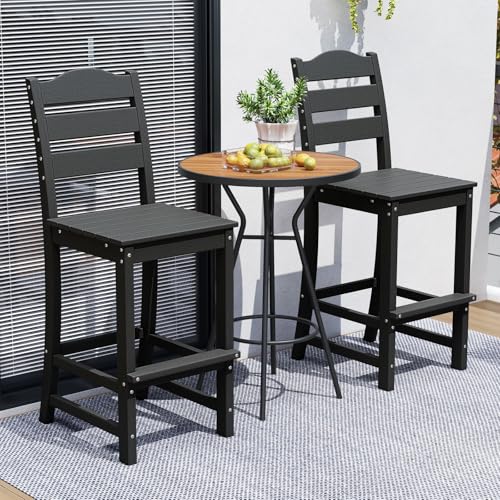 Image of Tangkula Patio HDPE Barstool, Outdoor High Top Bar Chair w /Backrest & Footrest, All-Weather Wood-Plastic Bar Height Chair for Poolside, Backyard, Porch (2, Black)
