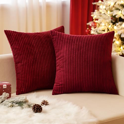 EMEMA Kissenbezug 45x45 cm Weihnachten Kordsamt Kissenbezüge Dekokissen Sofakissen Cord Kissenhülle Zierkissenbezug Kord Dekorative Weiche für Sofa Wohnzimmer Schlafzimmer 2er Set WeinRot