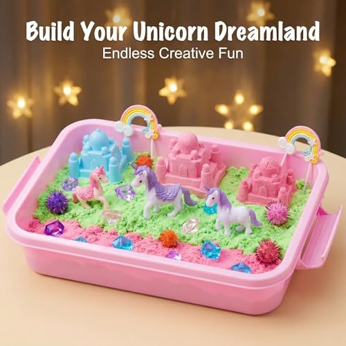 Image of Carolart Unicorn Sensory Bin, Sand Box Kit with Sensory Sand for Girls | Unicorn sand kit , Sensory kit with castle molds and storage bin for creative play, girls gifts for toddlers ages 3+