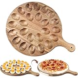 HANSGO Deviled Egg Platter, Wooden Round Deviled Egg Charcuterie Board Tray Holder Carrier with 24 Holes for Kitchen Countertops