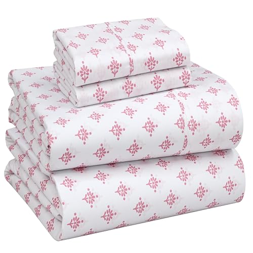 Image of RUVANTI 100% Cotton Percale Sheets Full Size, Block Print Motif | Crisp Cooling, Deep Pocket 16 inch, Soft Breathable & Durable, Hotel-Style 4 Piece Set, For Hot Sleepers
