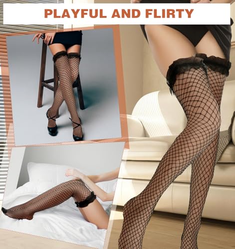 Image of Fishnet Thigh Highs, Black Fishnet Stockings for Women Thigh High, over the Knee Tights - One Size Fits Heights 5'9 inch to 6'9 inch (150-175 cm), Black