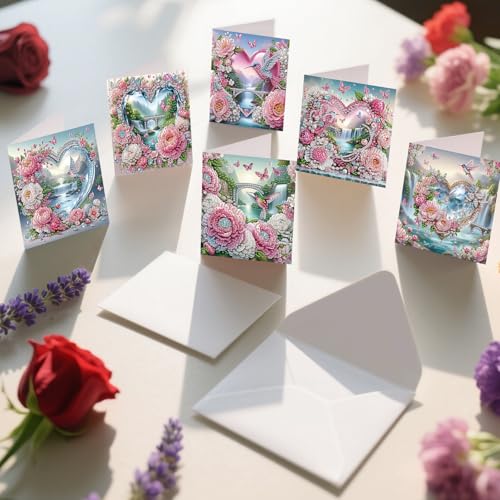 Image of 6 Pack Diamond Art Greeting Cards with Envelopes, Flowers and Hummingbirds DIY 5D Diamond Painting Card Kit, Handmade Rhinestone Postcards for Birthday & Valentine's Day Wishes (30x15cm)