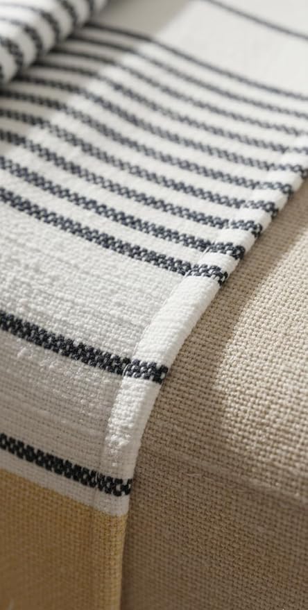 Image of HAKAM 100% Cotton Soft Throw Blanket with Fringe | White & Mustard Stripe | Cozy Breathable Decorative Couch, Bed, Sofa Throw | 50x60 inch