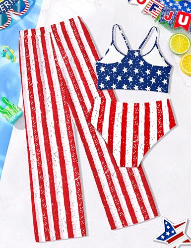 Image of NECIOUS Girls Swimsuit, 3 Piece Bikini Bathing Suit Tropical Floral Swimwear with Cover Up Pants 7-16Y