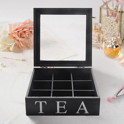Miniatura 4 de Frobea 2 cajas de té de madera con 9 rejillas, caja de almacenamiento, caja de regalo, tapa superior transparente, color negro