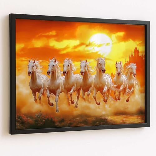 Image of HOTHOUSE Seven Running Vastu Lucky Horse Rising Sun Painting Wall Decor | 7 Horses Vastu Frame Wall Art Painting for Living Room Bedroom Office Home Decor Size (13X17 inch)