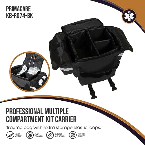 Image of Primacare KB-RO74-BK First Responder Trauma Bag, 17 inch x 9 inch x 7 inch, Black - EMT /EMS Medical Supply Organizer with Padded Dividers, Multiple Compartments, Side Pockets, Reflective Strip, Durable Design