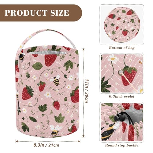 Image of ElliTarr Crochet Bag Yarn Bag with Handle Portable Knitting Project Bag Travel Yarn Storage Organizer Holder Case Bees Flowers Strawberries Pink