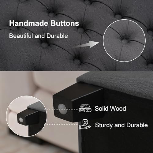 Image of 51 inch Storage Ottoman for Bedroom & Living Room, End of Bed Bench with Black Wooden Legs, Linen Upholstered Tufted Ottoman, Entryway Storage Bench,Dark Grey