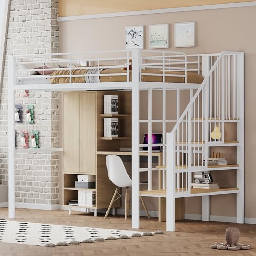 Merax Hochbett aus Metall, 140 x 200 cm mit Regal, multifunktionales Hochbett mit Treppe, für Kinder, Weiß (ohne Matratze, Schrank und Schreibtisch) Merax Hochbett aus Metall, 140 x 200 cm mit Regal, multifunktionales Hochbett mit Treppe, für Kinder, Weiß (ohne Matratze, Schrank und Schreibtisch)