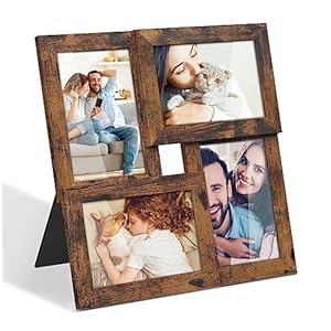 SONGMICS 4×6 Collage Picture Frames, Family Photo Collage Frame Set of 4 for Wall Decor, Glass Front, Wall Hanging or Tabletop, Rustic Brown