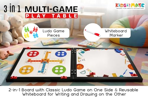 Image of Kidsmate 3-in-1 Table Tennis for Kids with Foldable Tennis Board, Ludo Game & Whiteboard | Portable Indoor Outdoor Play Table, Mini Ping Pong Set with Net, Racquet and Ball for Family Fun - Red /Black