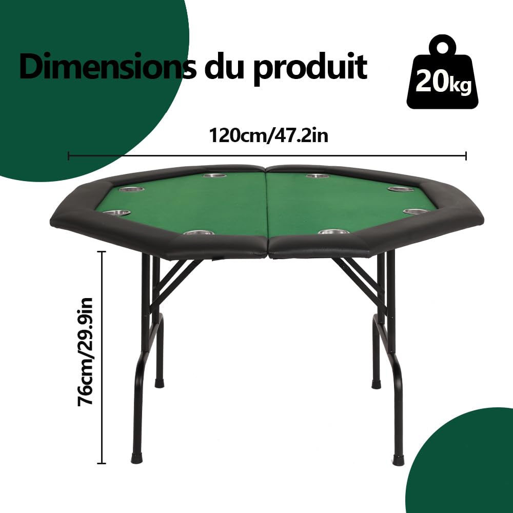 Mingone Pokertisch Klappbar 120cm Casino Tisch für 8 Spieler mit Armauflage und Becherhaltern Grün